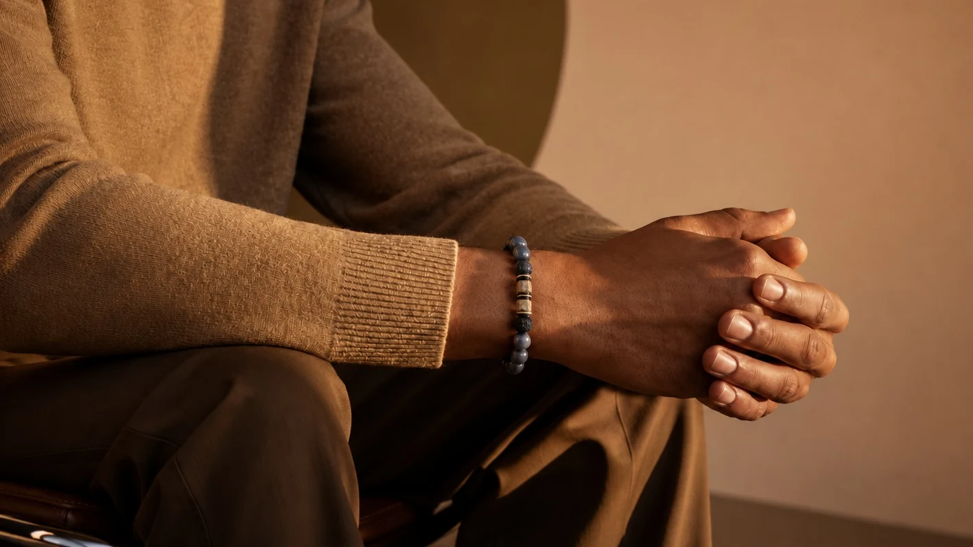 A bracelet resting on hands in a quiet everyday moment