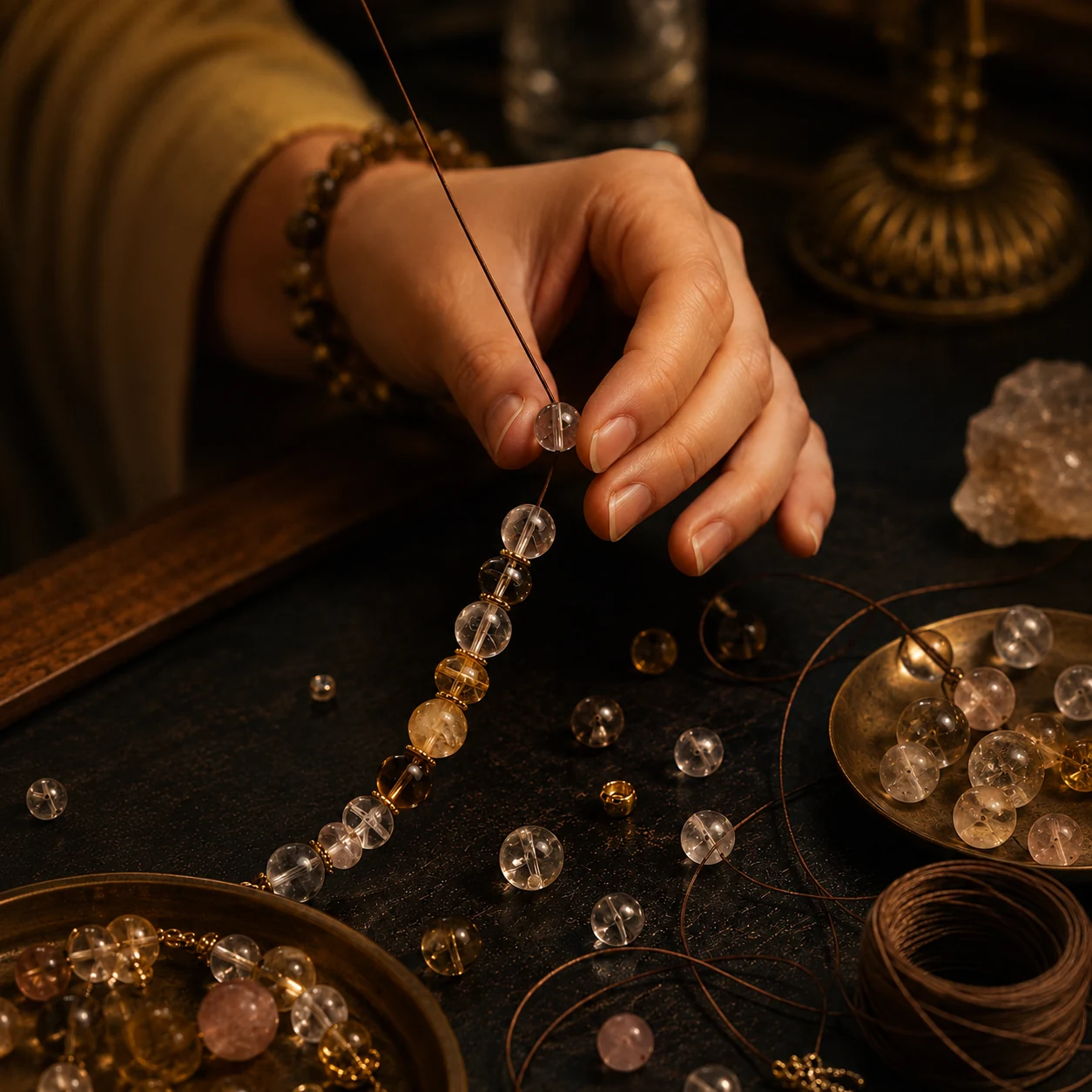 Hands threading natural crystal beads onto a cord