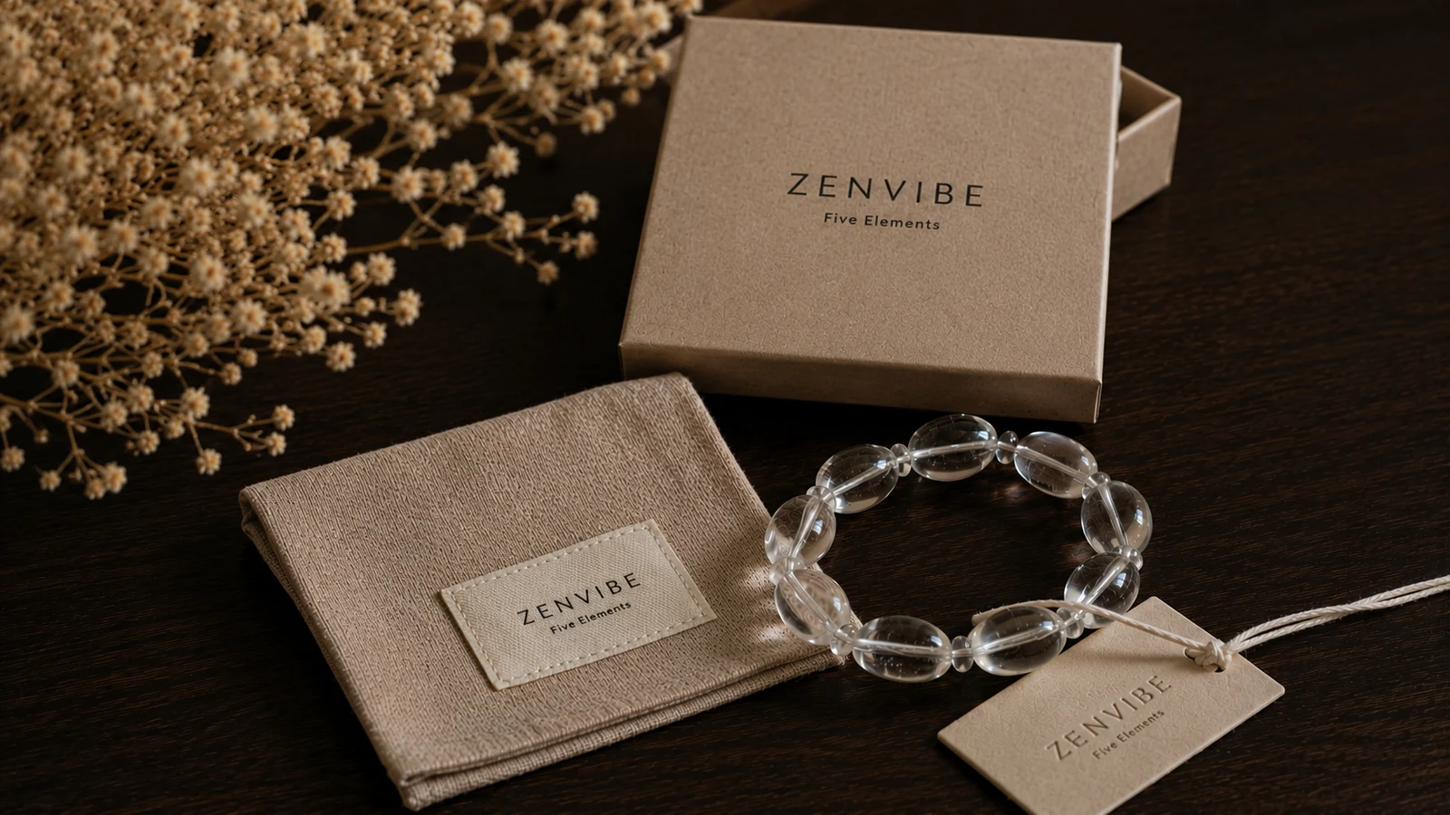 ZENVIBE bracelet, pouch, gift box, and care card arranged for delivery